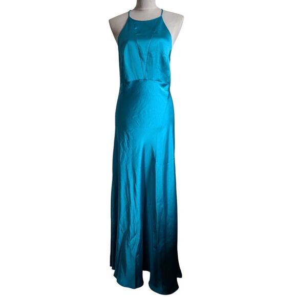 Anthropology Pinko Turquoise Blue High Neck Satin Slip Dress Medium It42/Us6 - Picture 2 of 16